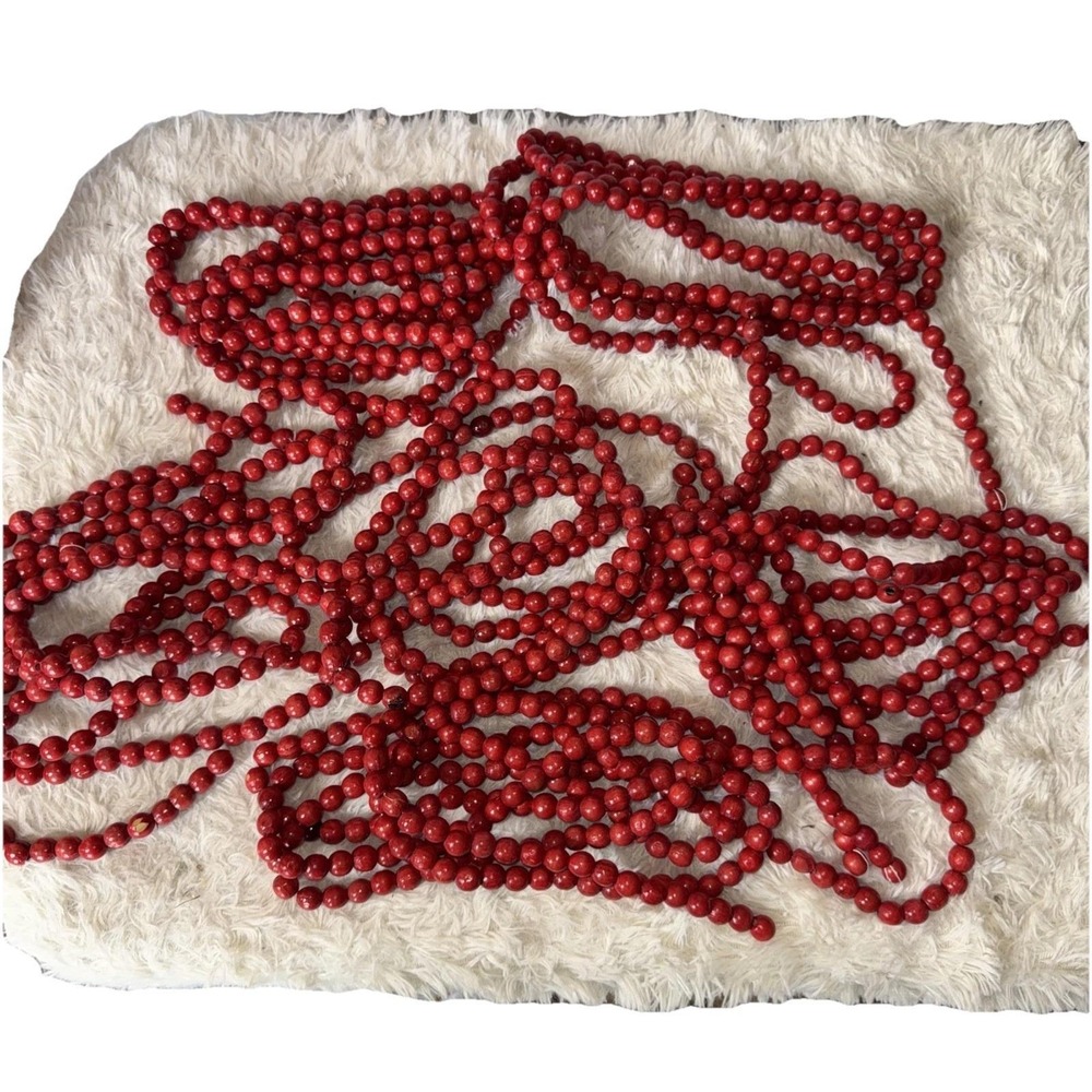 Vintage Chrirtmas‎ Tree Garlands Red Cranberry Wooden Beads 9ft-6 Strands